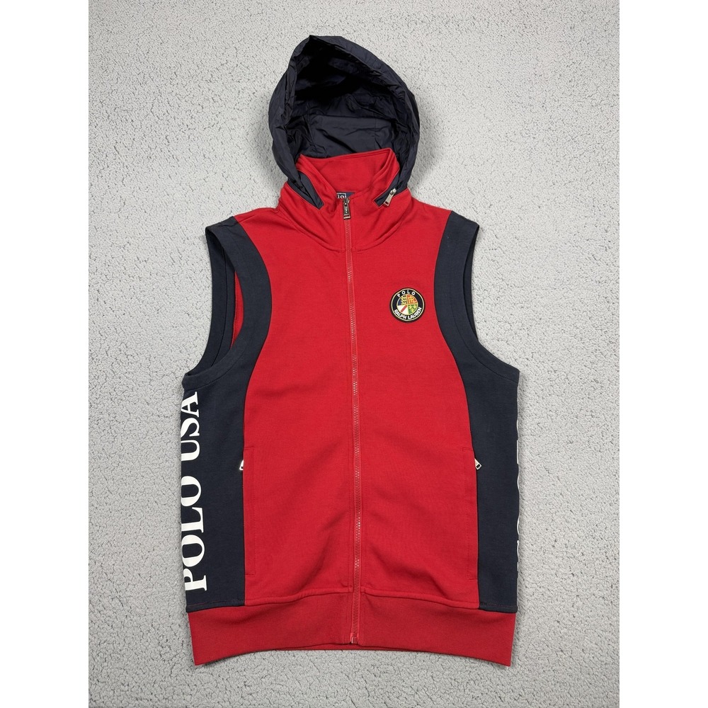 Polo Ralph Lauren Ski USA Vest Mens Small‎ Red Fleece Graphic Hooded Zip Polo